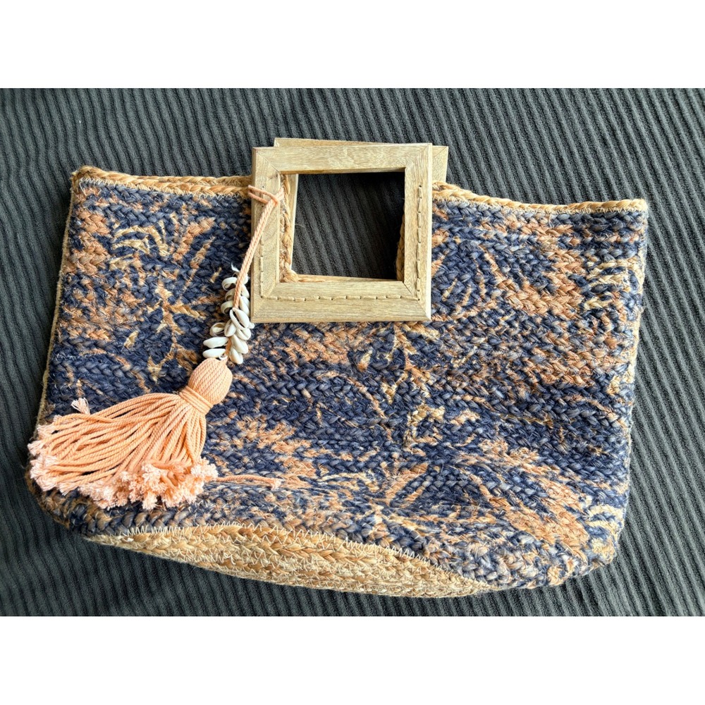 Woven Jute Floral‎ Tote Bag Navy Tan Wood Handles Cowrie Shell Tassel India